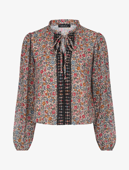 Top fluide imprimé fleuri à liens - Beige - 1