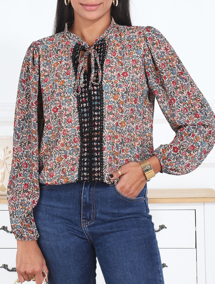 Top fluide imprimé fleuri à liens - Beige - 4