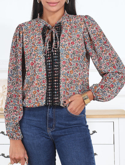 Top fluide imprimé fleuri à liens - Beige - 4