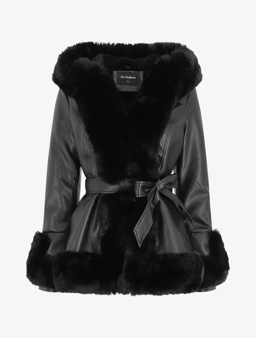 Manteau évasé en simili et fourrure synthétique - Noir - 5