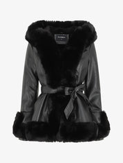 Manteau évasé en simili et fourrure synthétique - Noir - 5