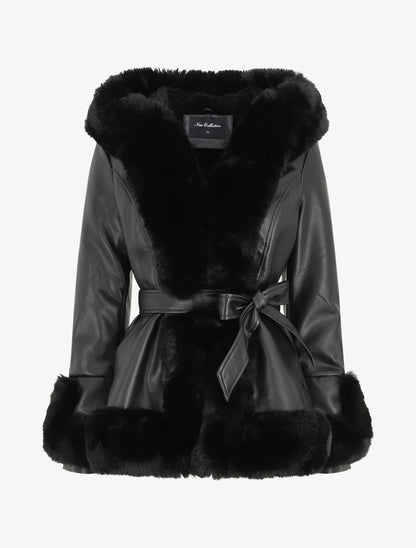 Manteau évasé en simili et fourrure synthétique - Noir - 5