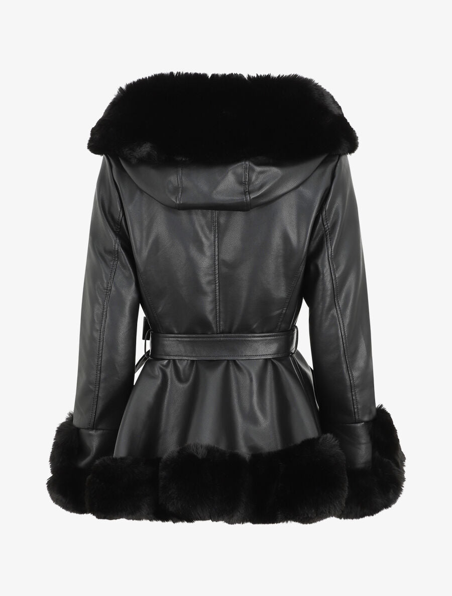 Manteau évasé en simili et fourrure synthétique - Noir - 2