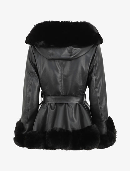 Manteau évasé en simili et fourrure synthétique - Noir - 2