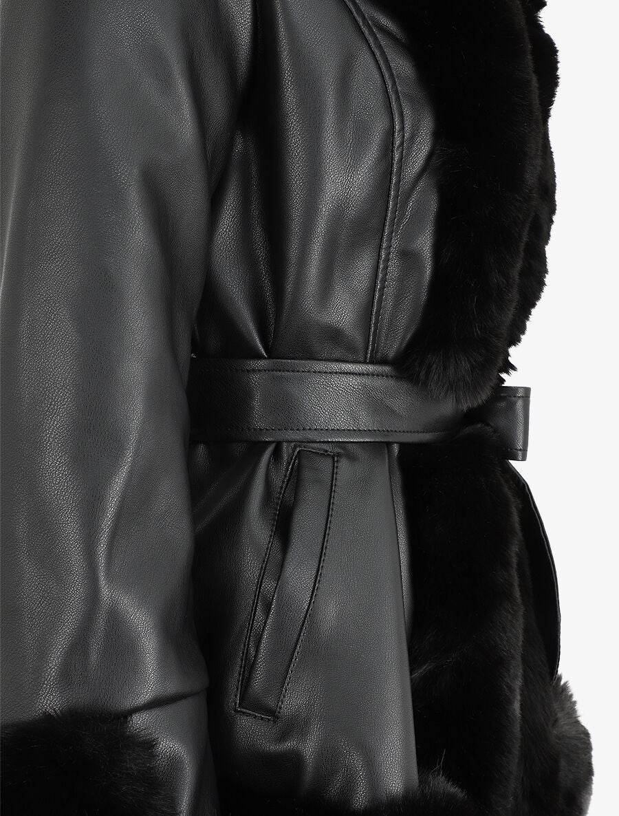 Manteau évasé en simili et fourrure synthétique - Noir - 3