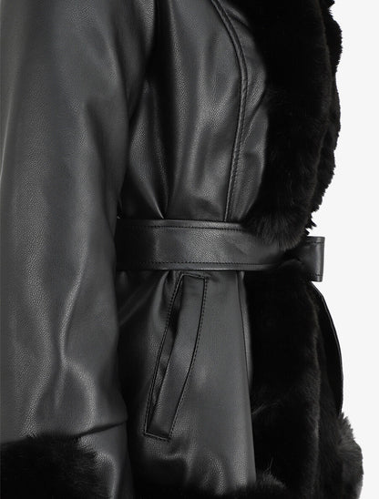 Manteau évasé en simili et fourrure synthétique - Noir - 3