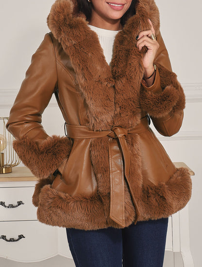 Manteau évasé en simili et fourrure synthétique - Camel - 4