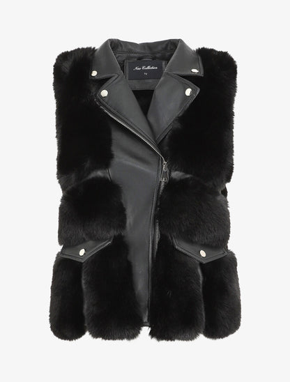 Veste sans manches en simili et fausse fourrure - Noir - 1