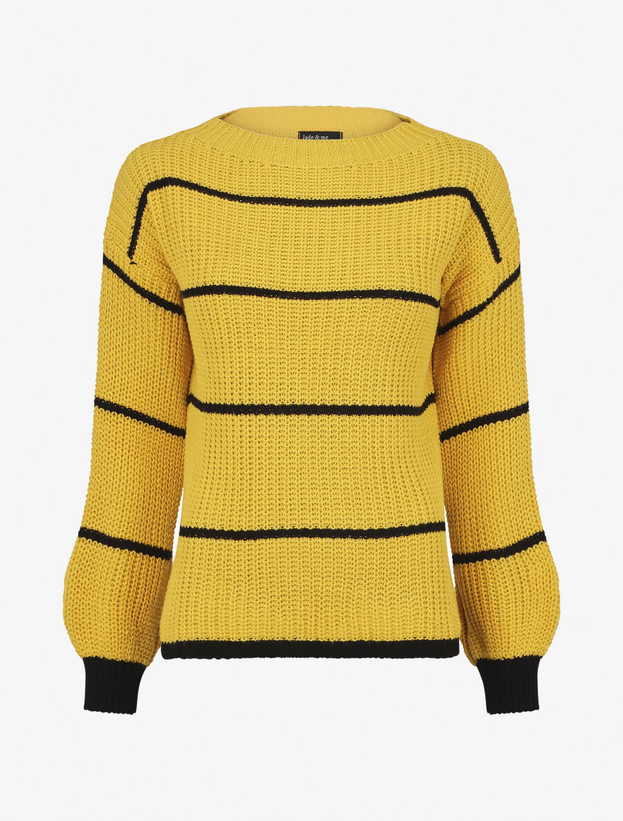 Pull en maille à imprimé rayures - Jaune moutarde - 1