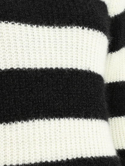Pull duveteux à rayures et col V - Noir - 3