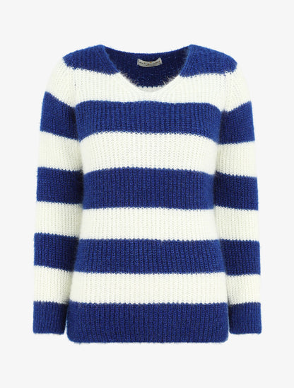 Pull duveteux à rayures et col V - Bleu roi - 1