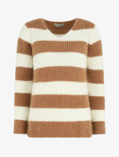 Pull duveteux à rayures et col V - Camel - 1
