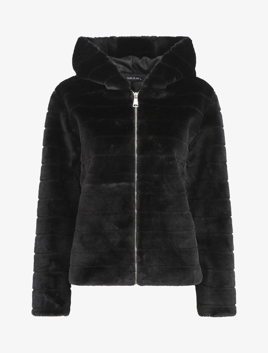 Manteau à capuche en fourrure synthétique - Noir - 1