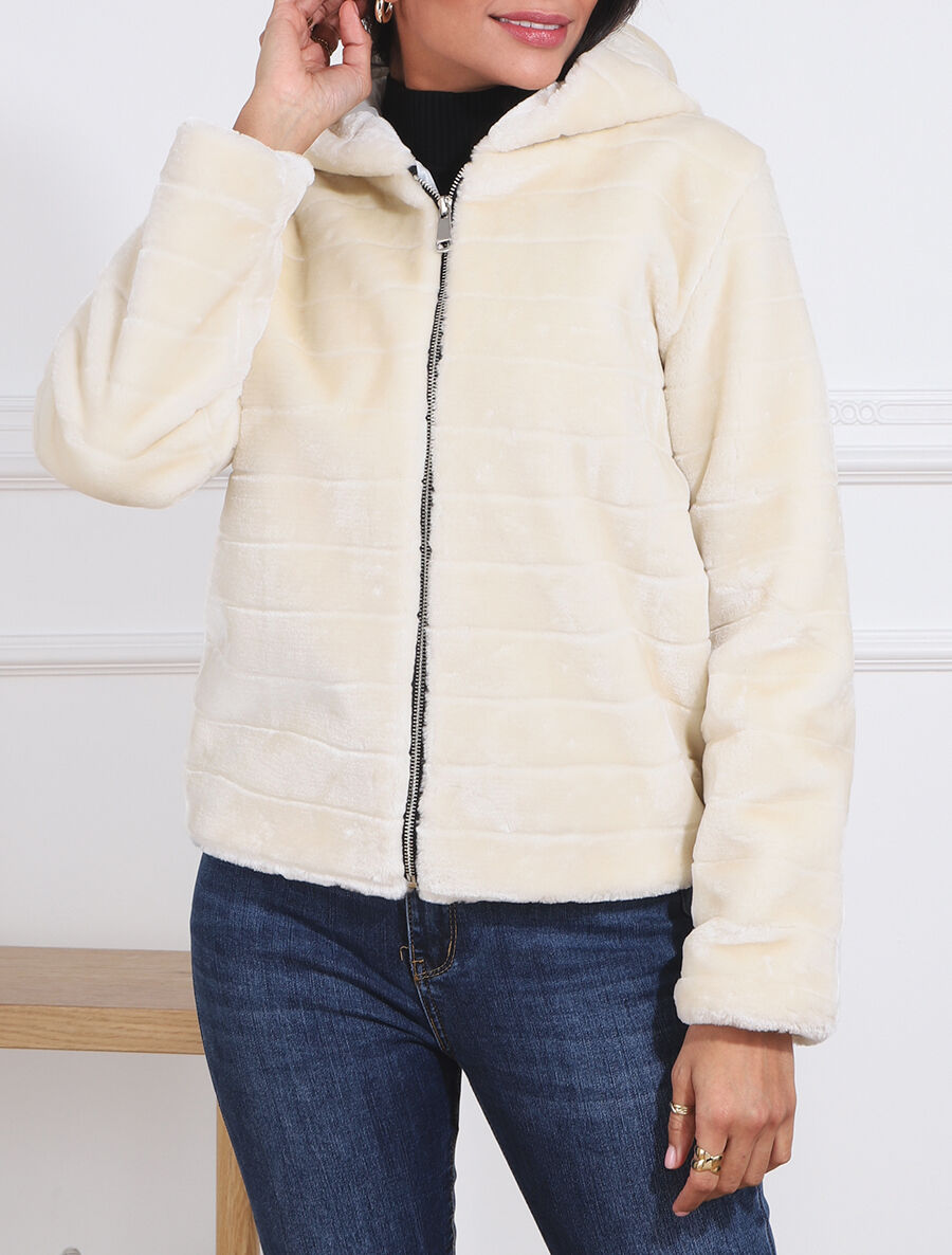 Manteau à capuche en fourrure synthétique - Beige clair - 4