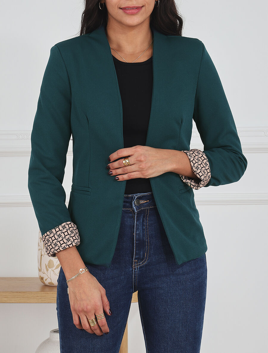 Blazer uni à revers imprimé alphabet - Bleu canard - 4
