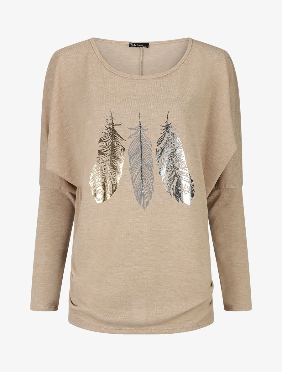 Pull fin à imprimé plumes irisées - Beige - 1