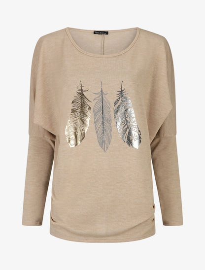 Pull fin à imprimé plumes irisées - Beige - 1