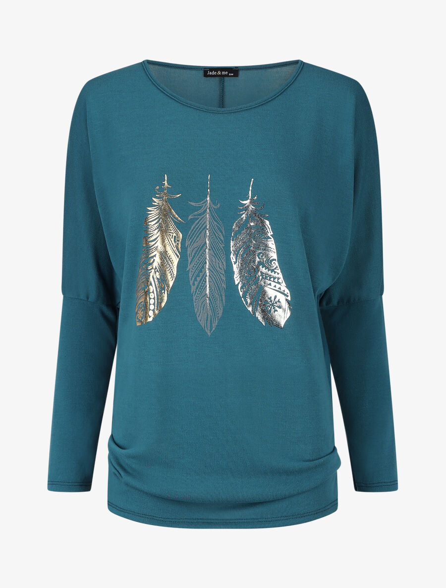 Pull fin à imprimé plumes irisées - Bleu canard - 1