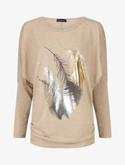 Pull fin à imprimé 4 plumes irisées - Beige - 1