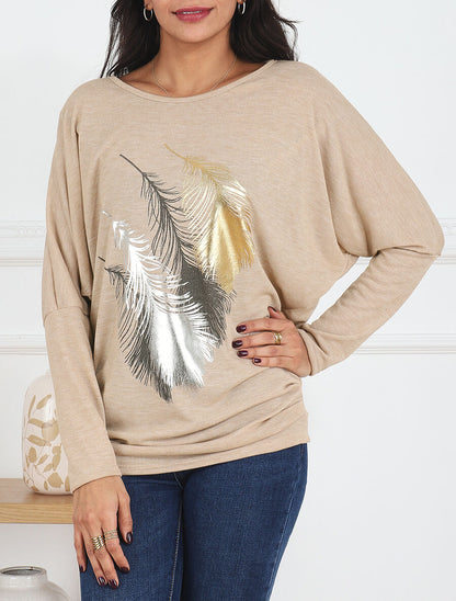 Pull fin à imprimé 4 plumes irisées - Beige - 4