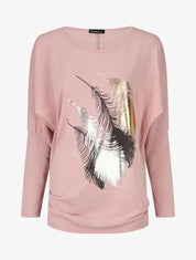 Pull fin à imprimé 4 plumes irisées - Rose - 1
