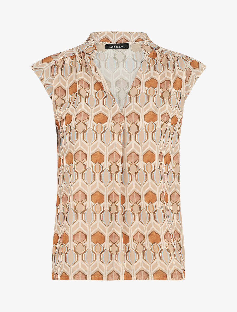 Top à mancherons col V imprimé graphique - Beige - 5