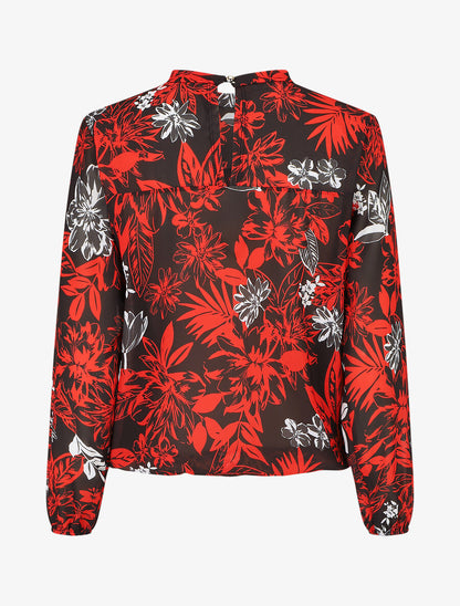 Blouse manches longues à col rond et imprimé floral - Noir/rouge - 2