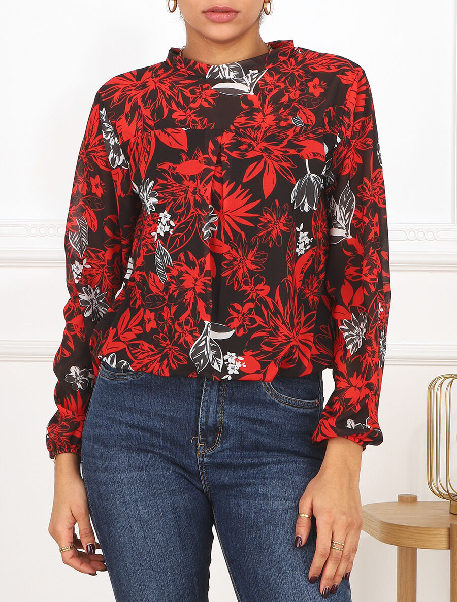 Blouse manches longues à col rond et imprimé floral - Noir/rouge - 4