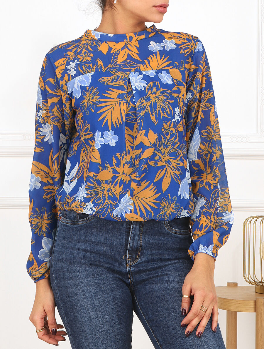 Blouse manches longues à col rond et imprimé floral - Bleu électrique/jaune - 4