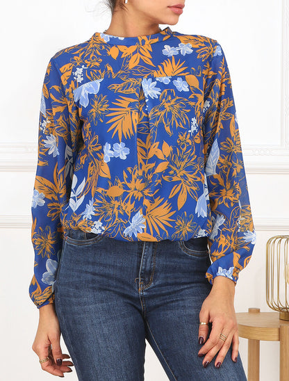Blouse manches longues à col rond et imprimé floral - Bleu électrique/jaune - 4