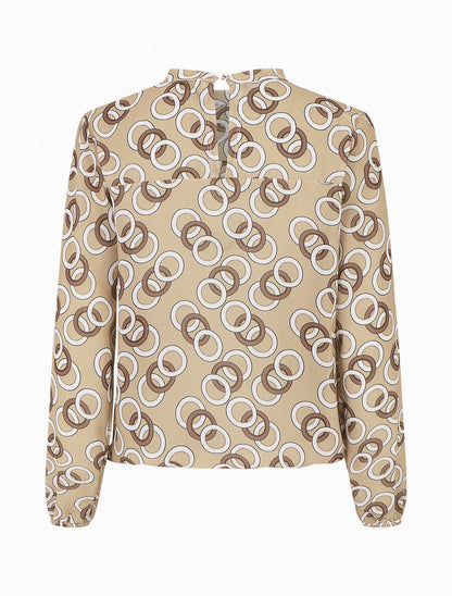 Blouse manches longues à col rond et imprimé anneaux - Beige - 2