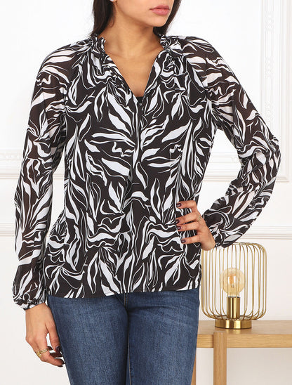 Blouse ample manches longues à imprimé fantaisie - Noir - 4