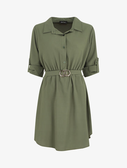 Robe chemise courte évasée - Kaki - 5