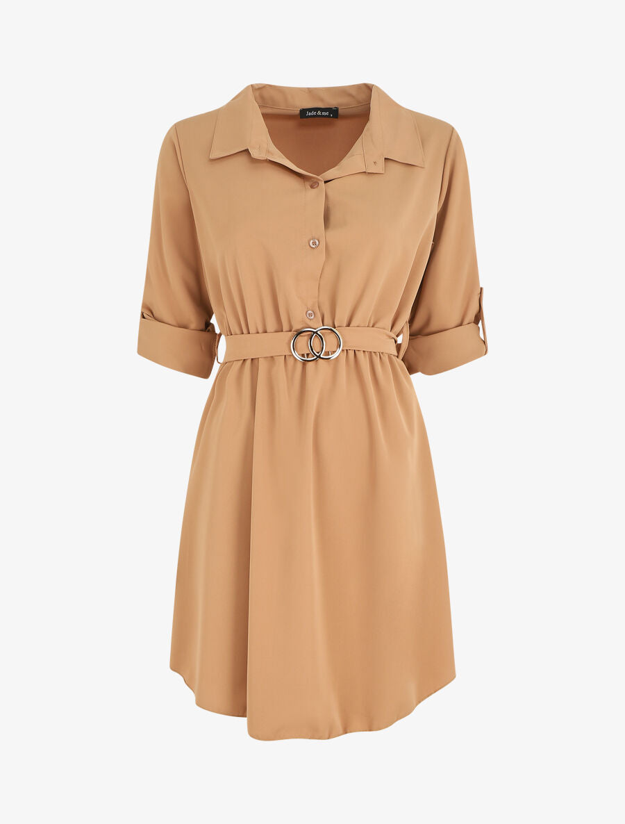 Robe chemise courte évasée - Camel - 1