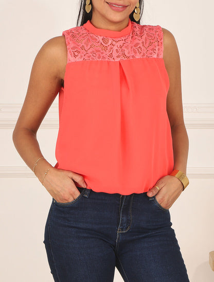 Top sans manches à épaules en dentelle - Corail - 4