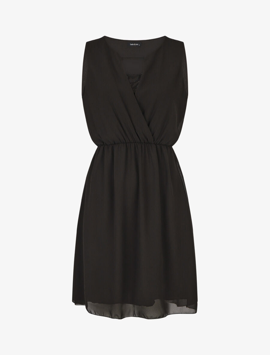 Robe mi-longue évasée sans manches col cache-coeur - Noir - 4