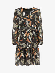 Robe mi-longue manches longues imprimé feuilles - Noir - 1