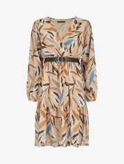 Robe mi-longue manches longues imprimé feuilles - Beige - 5