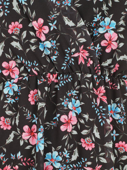 Robe courte fleurie sans manches col cache-coeur - Noir - 3
