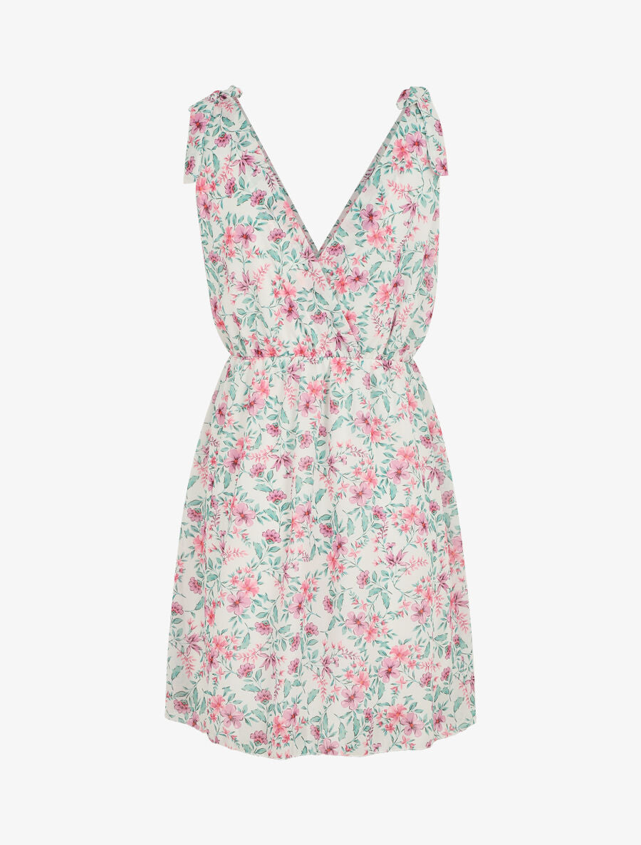 Robe courte fleurie sans manches col cache-coeur - Blanc - 2