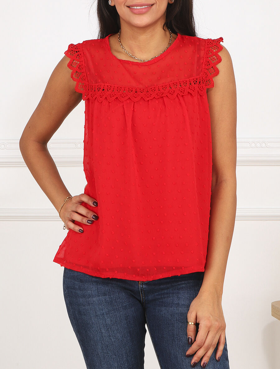 Top plumetis sans manches uni - Rouge - 4