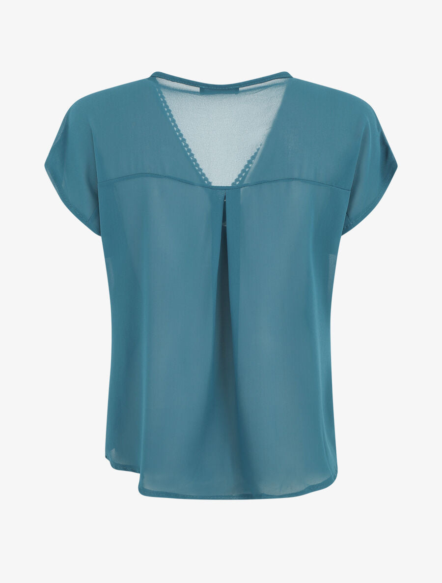 Top uni en voile et broderies - Bleu canard - 2