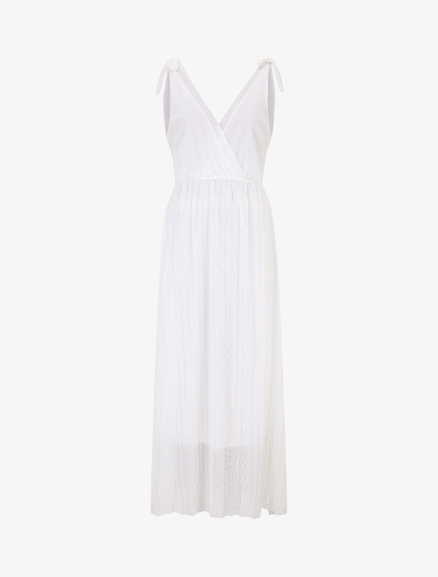 Robe longue unie plissée col cache-coeur - Blanc - 4