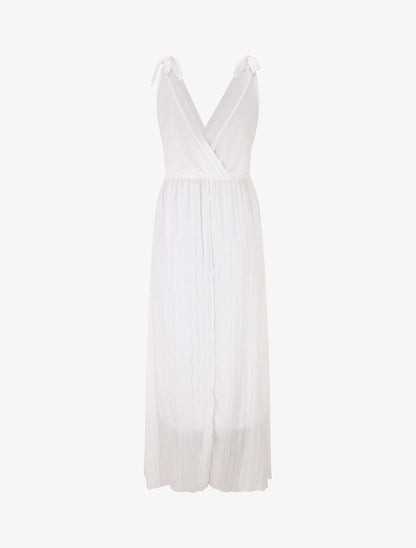Robe longue unie plissée col cache-coeur - Blanc - 2