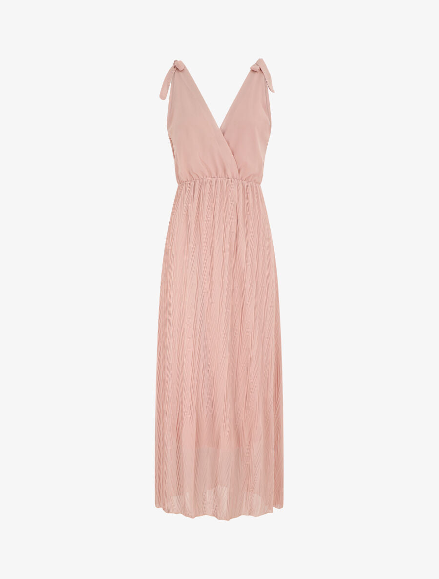 Robe longue unie plissée col cache-coeur - Rose - 1