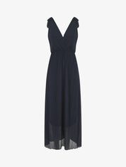 Robe longue unie plissée col cache-coeur - Marine - 1
