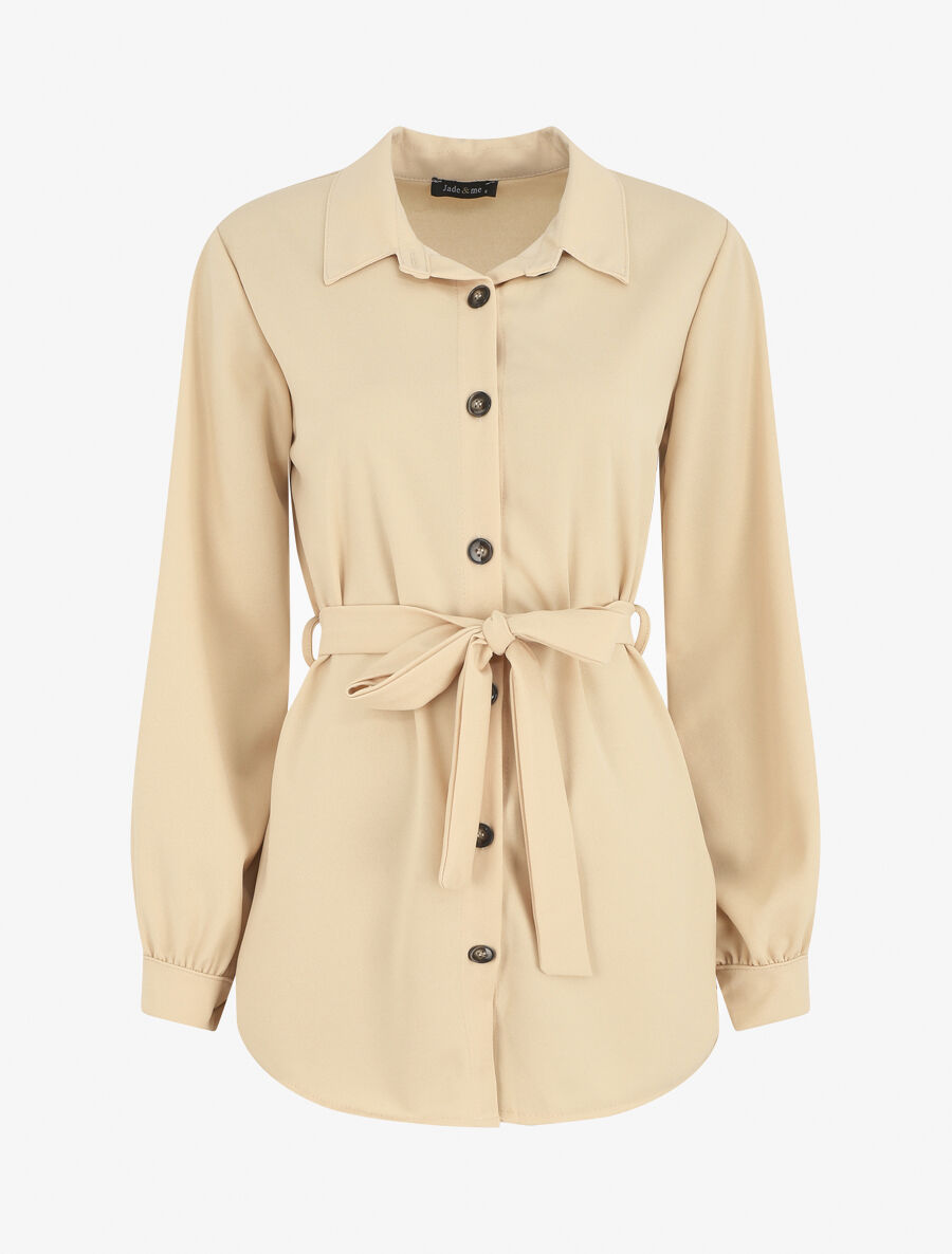 Chemise unie ceinturée oversize - Beige - 1
