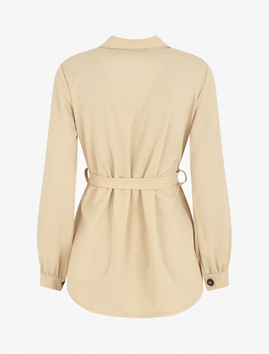Chemise unie ceinturée oversize - Beige - 2