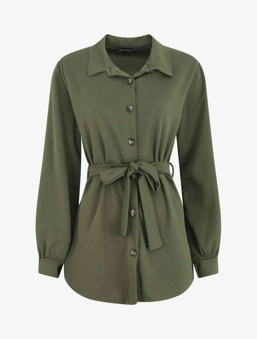 Chemise unie ceinturée oversize - Kaki - 1