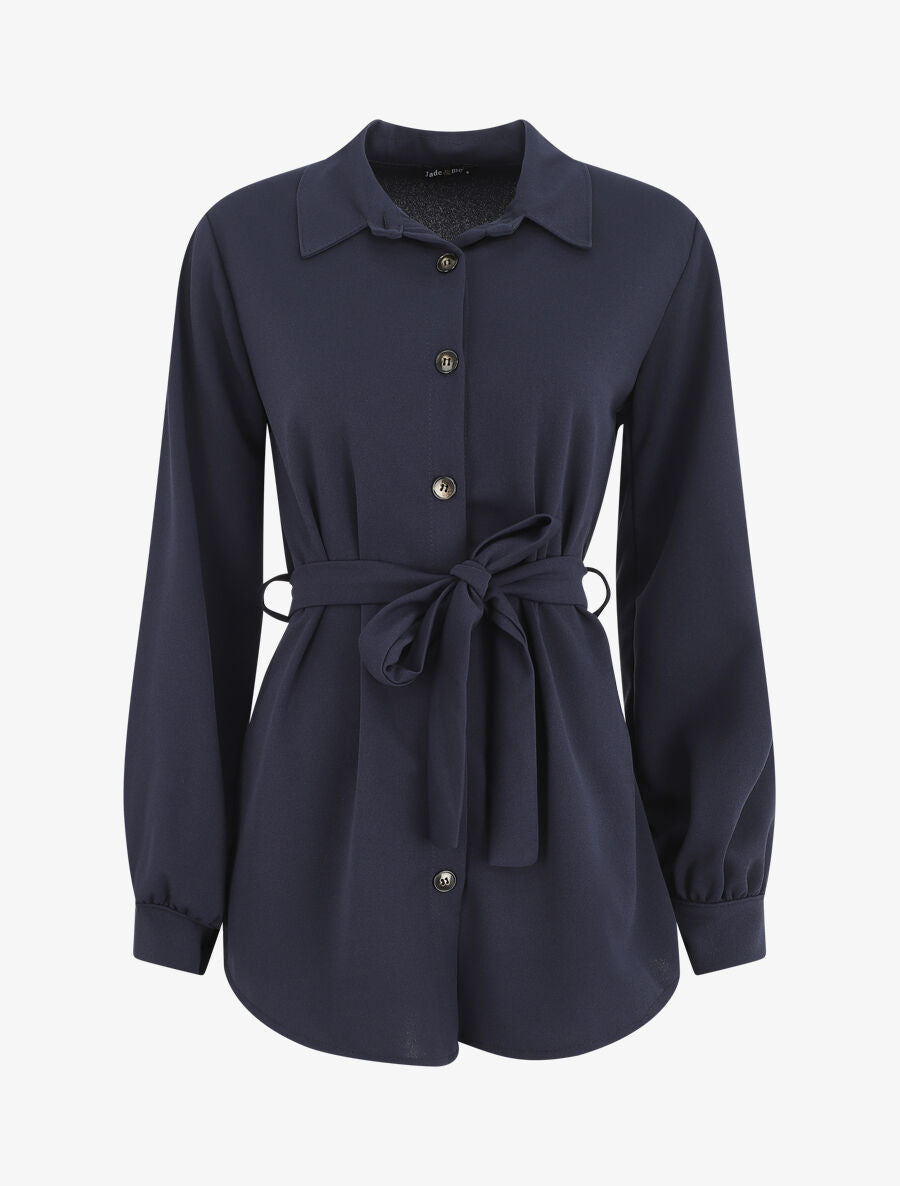 Chemise unie ceinturée oversize - Marine - 1